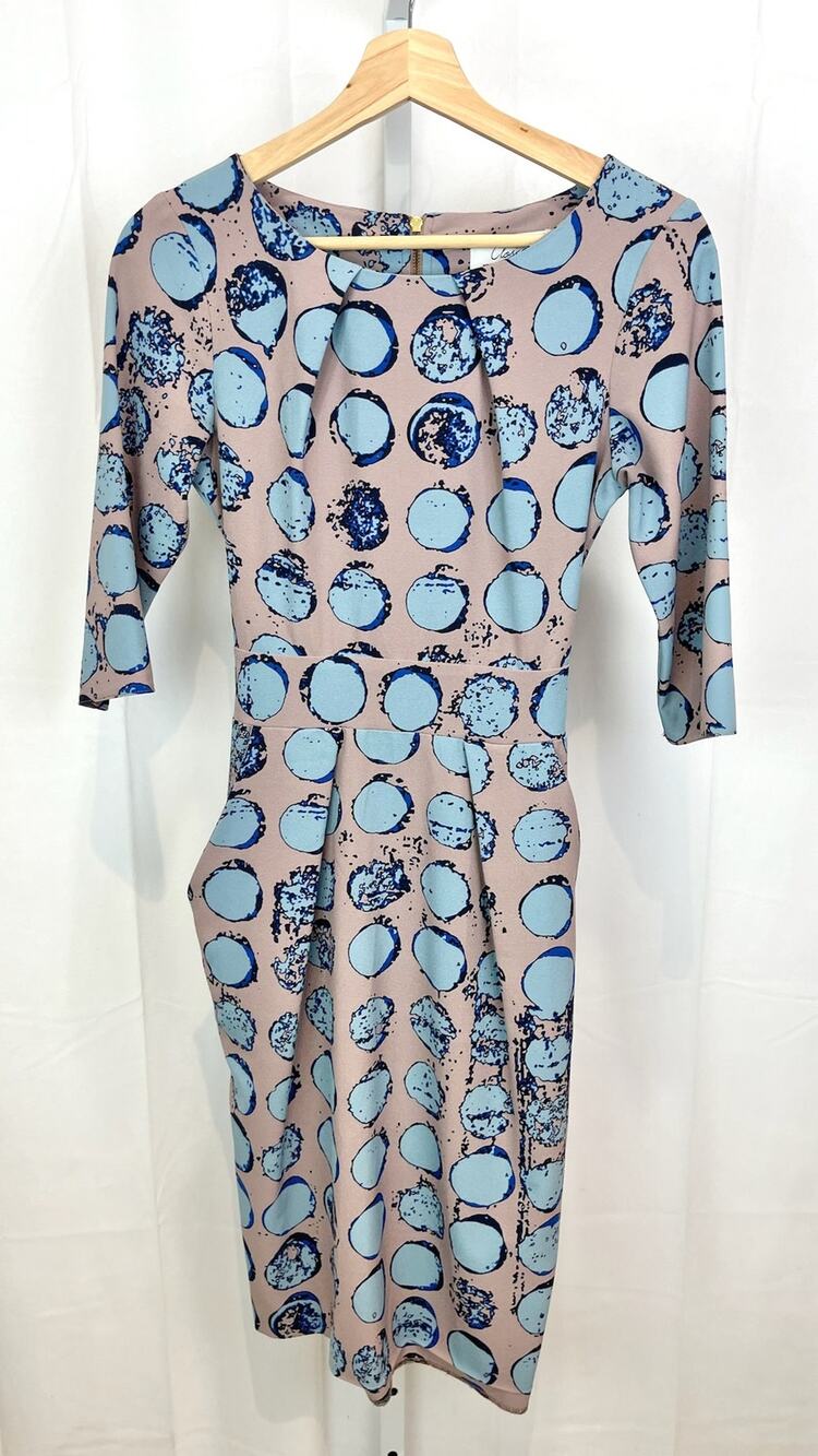 CLOSET London UK 8 US 4 Mink Dress Circle Print Pockets 3/4 Sleeve Pink Blue